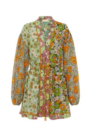 Minikleid mit orangefarbenen Blüten und Zierelementen